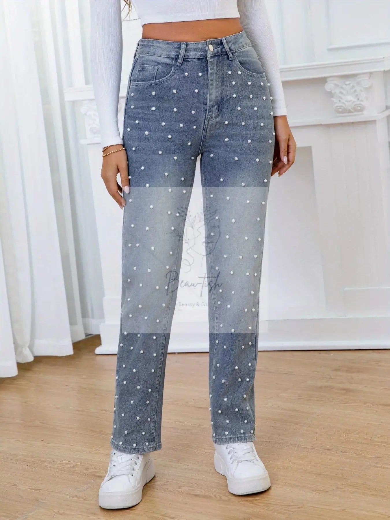 Pearl Embellished High Waist Straight Jeans