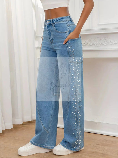 Pearl Embellished Wide Leg Jeans