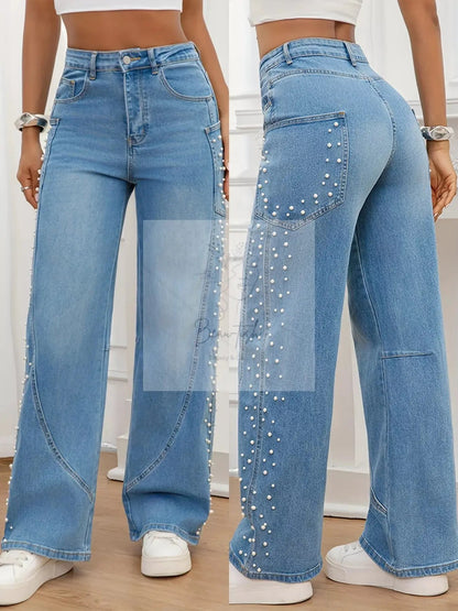 Pearl Embellished Wide Leg Jeans