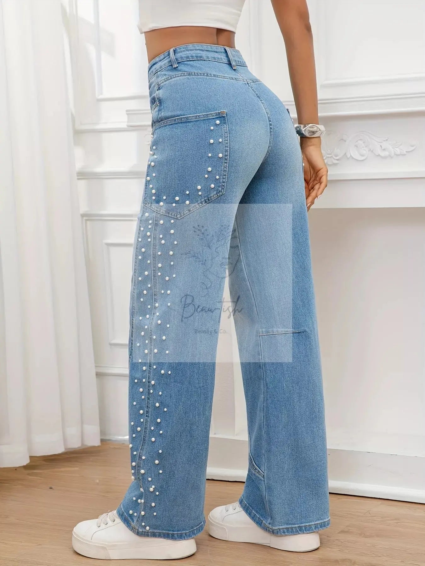 Pearl Embellished Wide Leg Jeans