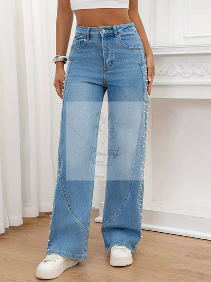 Pearl Embellished Wide Leg Jeans