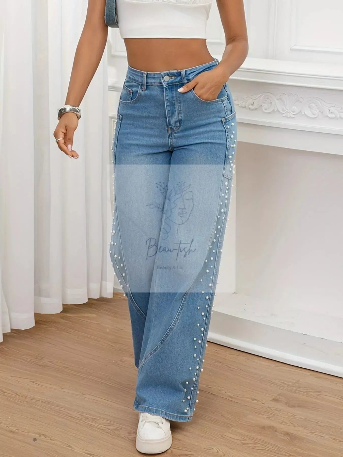 Pearl Embellished Wide Leg Jeans