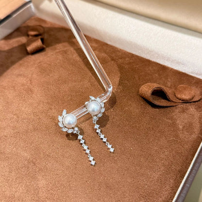 Pearl Zircon Silver Drop Earrings