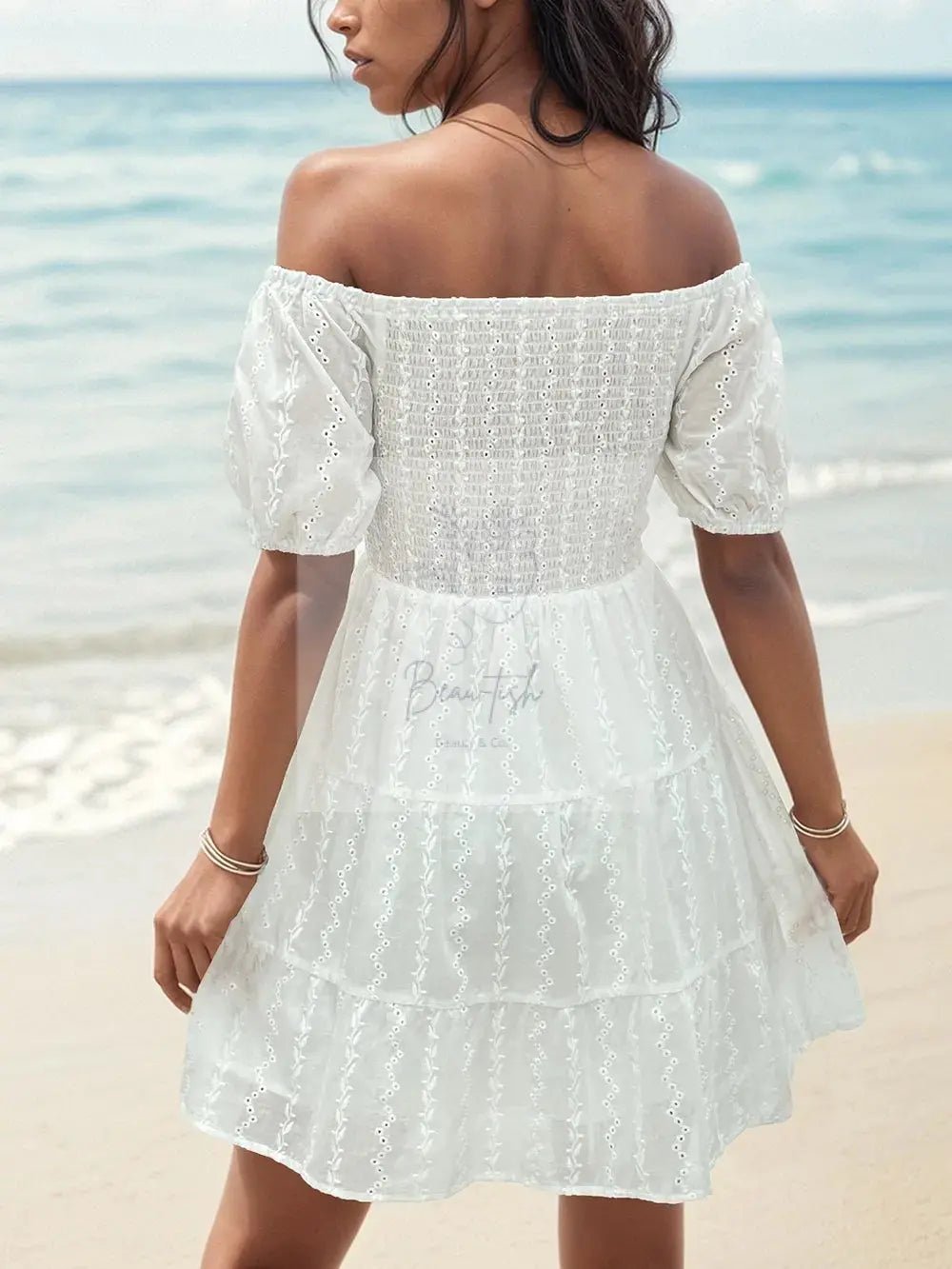 Perfee Smocked Eyelet Off-Shoulder Mini Dress
