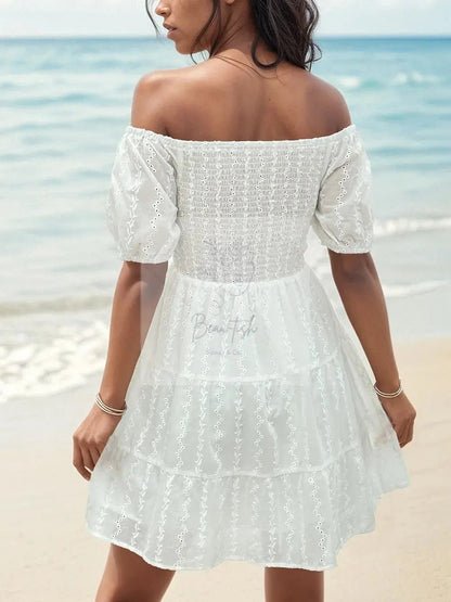 Perfee Smocked Eyelet Off-Shoulder Mini Dress