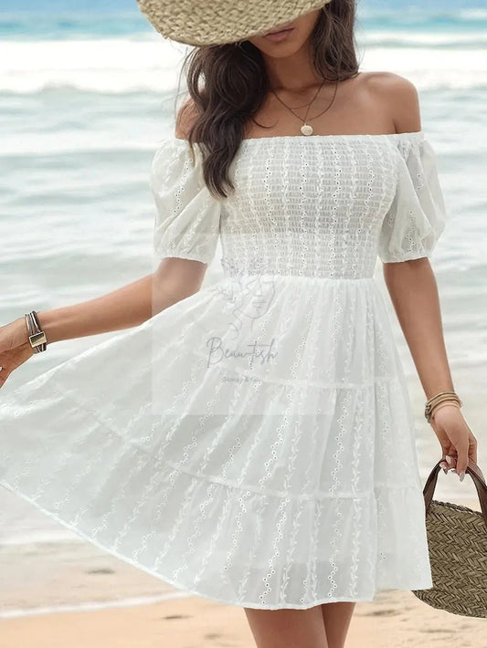 Perfee Smocked Eyelet Off-Shoulder Mini Dress