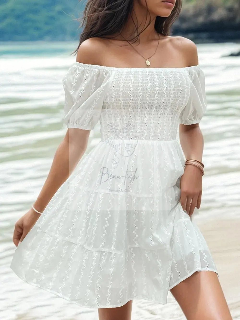 Perfee Smocked Eyelet Off-Shoulder Mini Dress