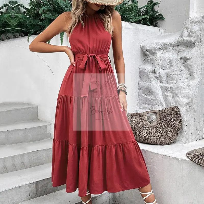 Perfee Tie Belt Tiered Midi Dress