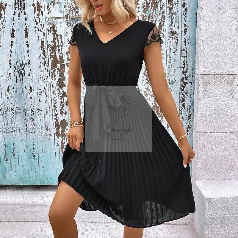 Perfee V - Neck Tie Belt Pleated Dress