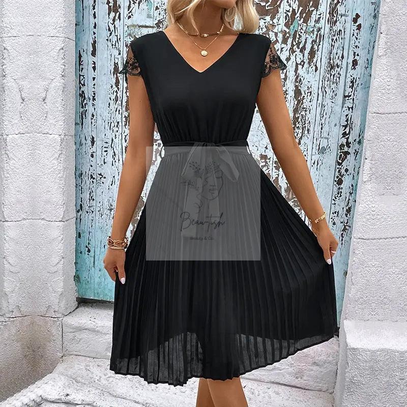 Perfee V - Neck Tie Belt Pleated Dress
