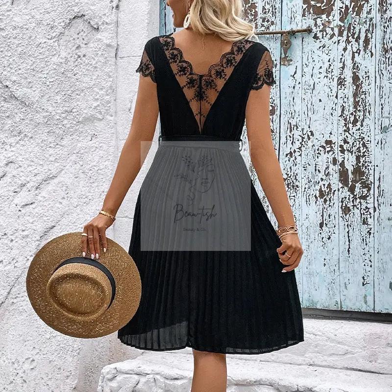 Perfee V - Neck Tie Belt Pleated Dress