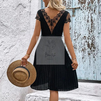 Perfee V - Neck Tie Belt Pleated Dress