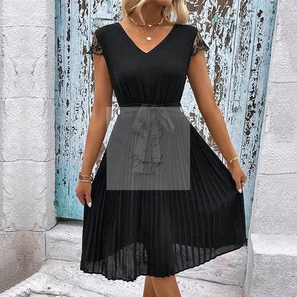 Perfee V - Neck Tie Belt Pleated Dress