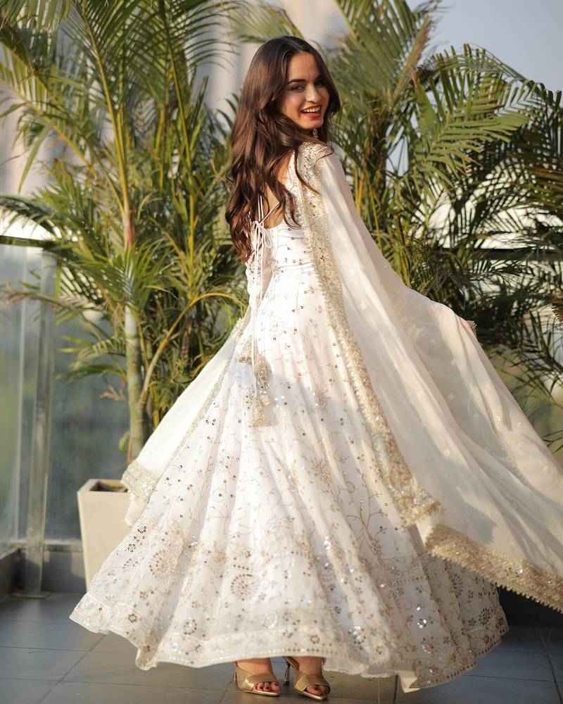 White Sequence Work Party Wear Salwar Kameez Suit Set