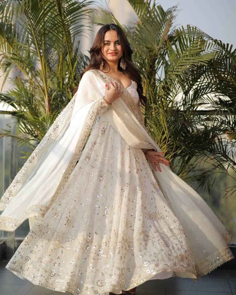 White Sequence Work Party Wear Salwar Kameez Suit Set