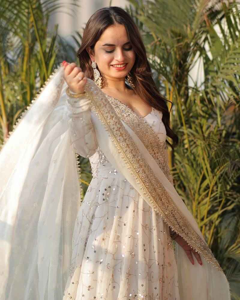 White Sequence Work Party Wear Salwar Kameez Suit Set