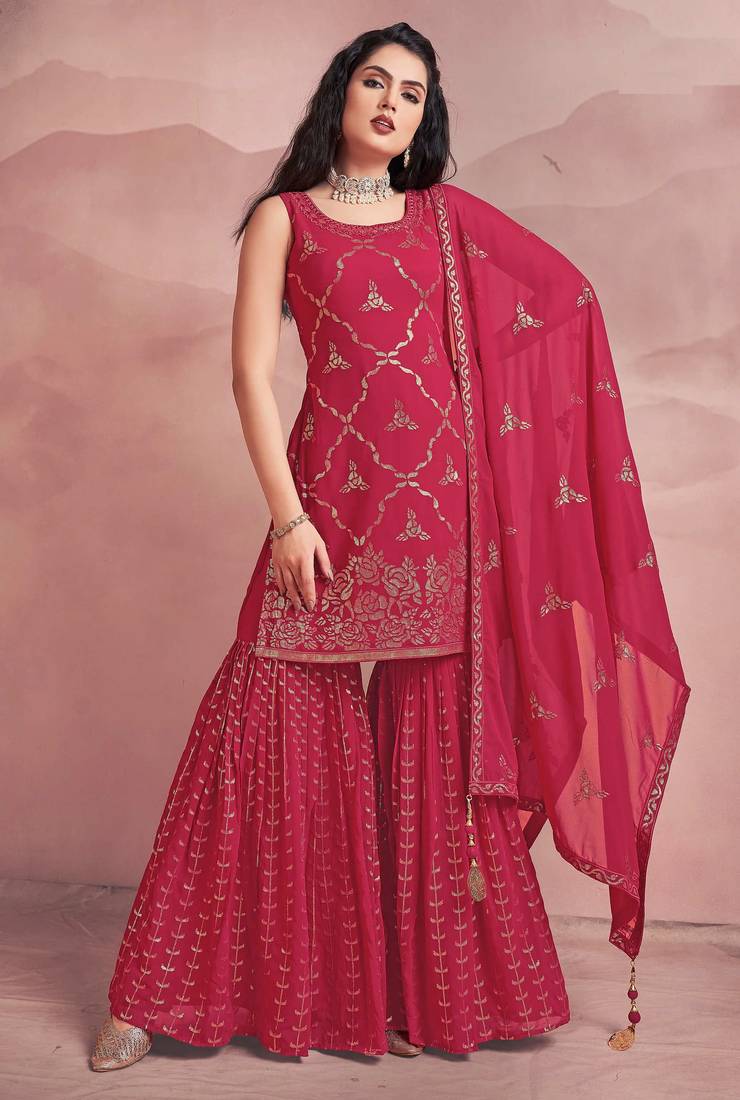 Pink Sequin Georgette Sharara Set