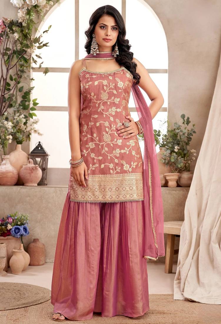 Pink Woven Jacquard Sharara Set