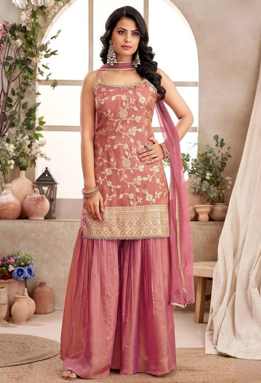 Pink Woven Jacquard Sharara Set