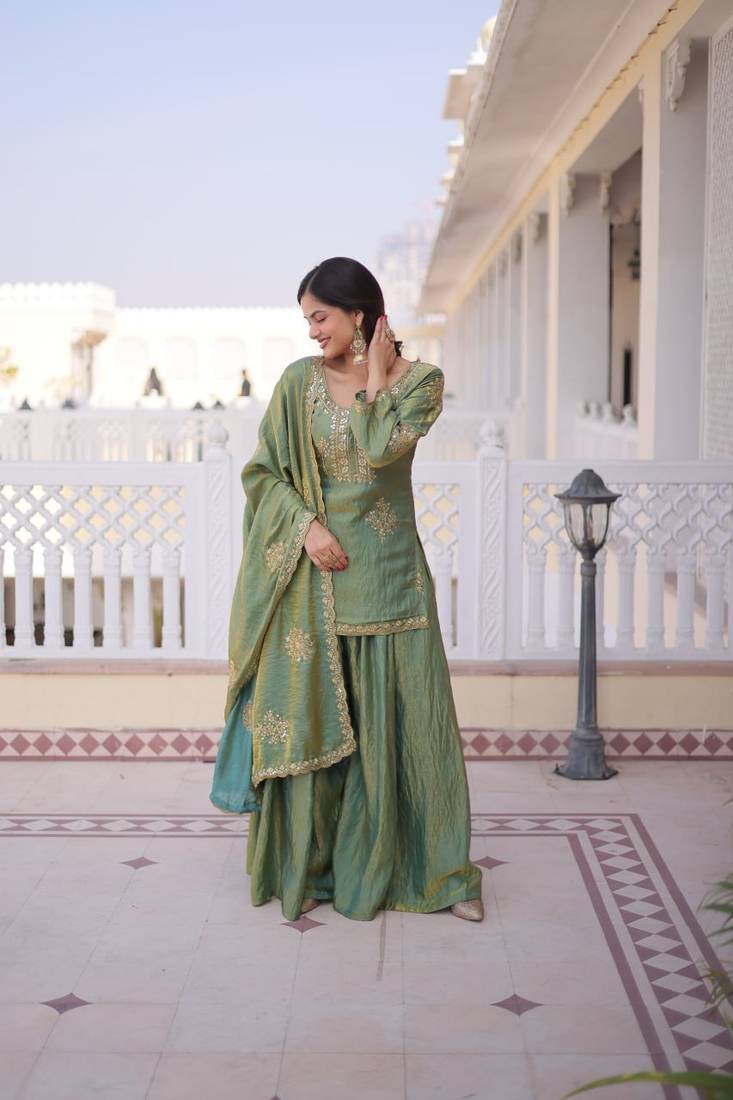 Pistachio Green Zari Embroidered Sharara Set