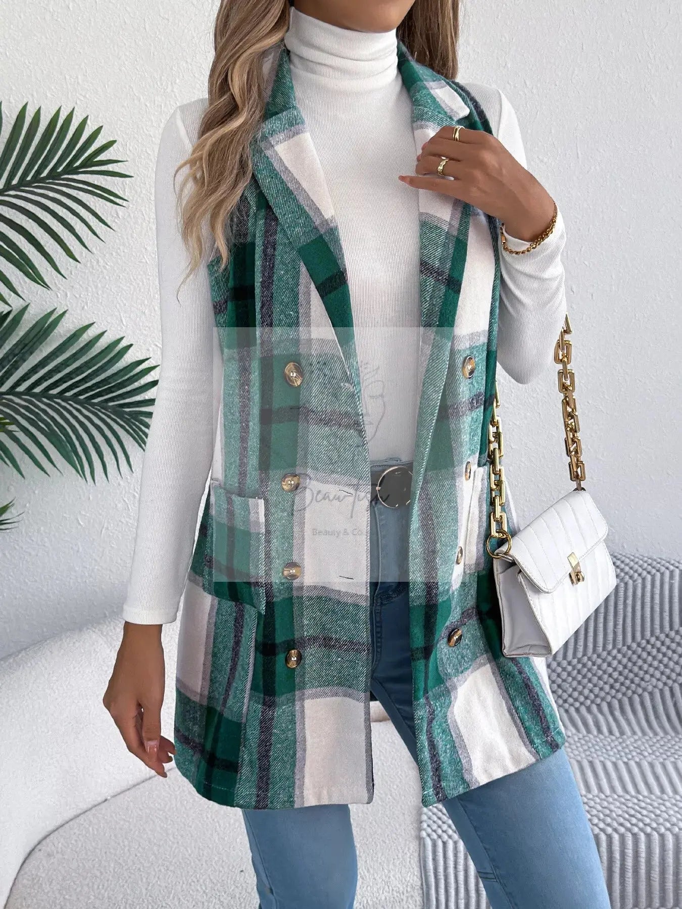 Plaid Double-Breasted Vest Coat
