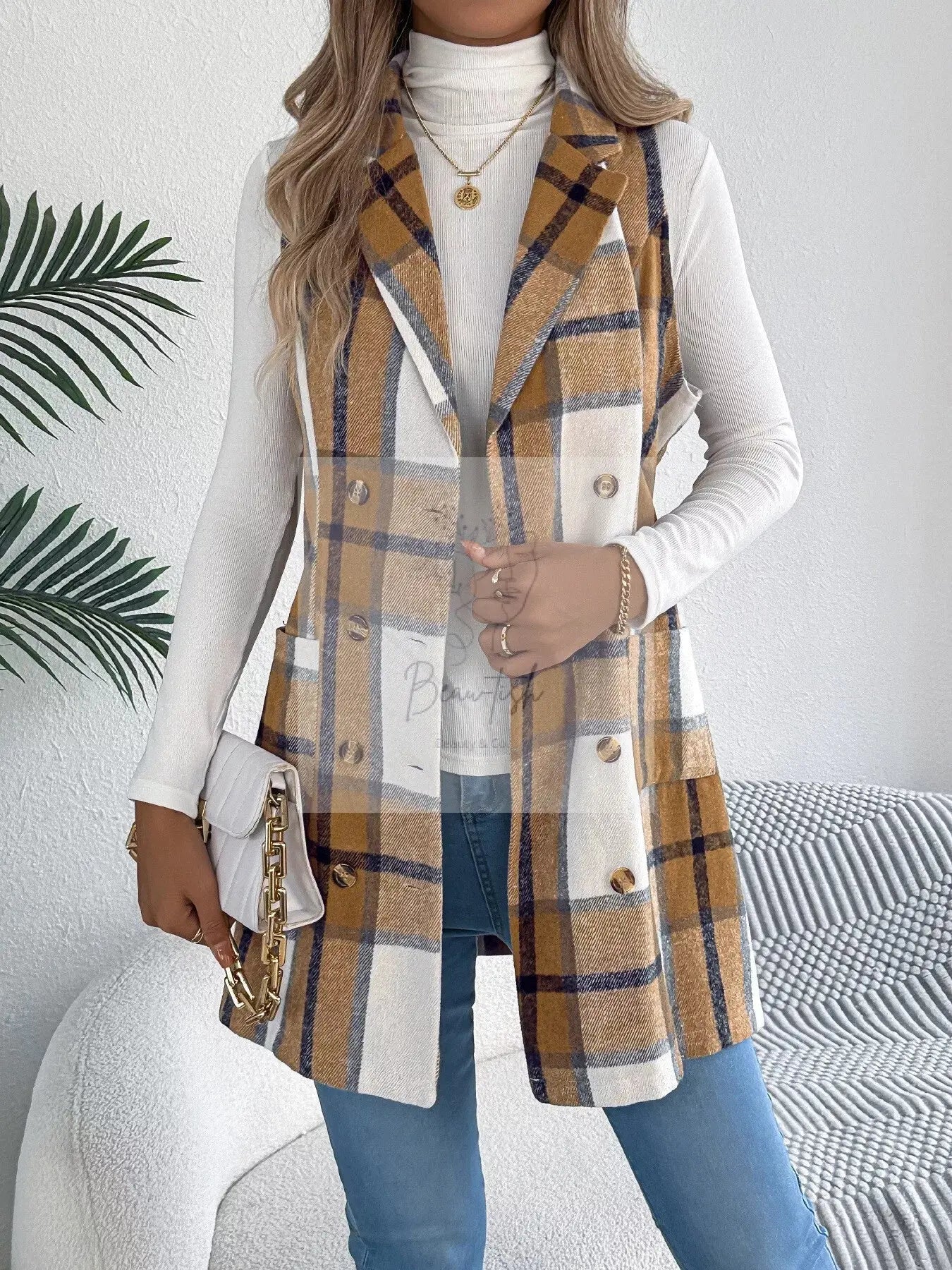 Plaid Double-Breasted Vest Coat
