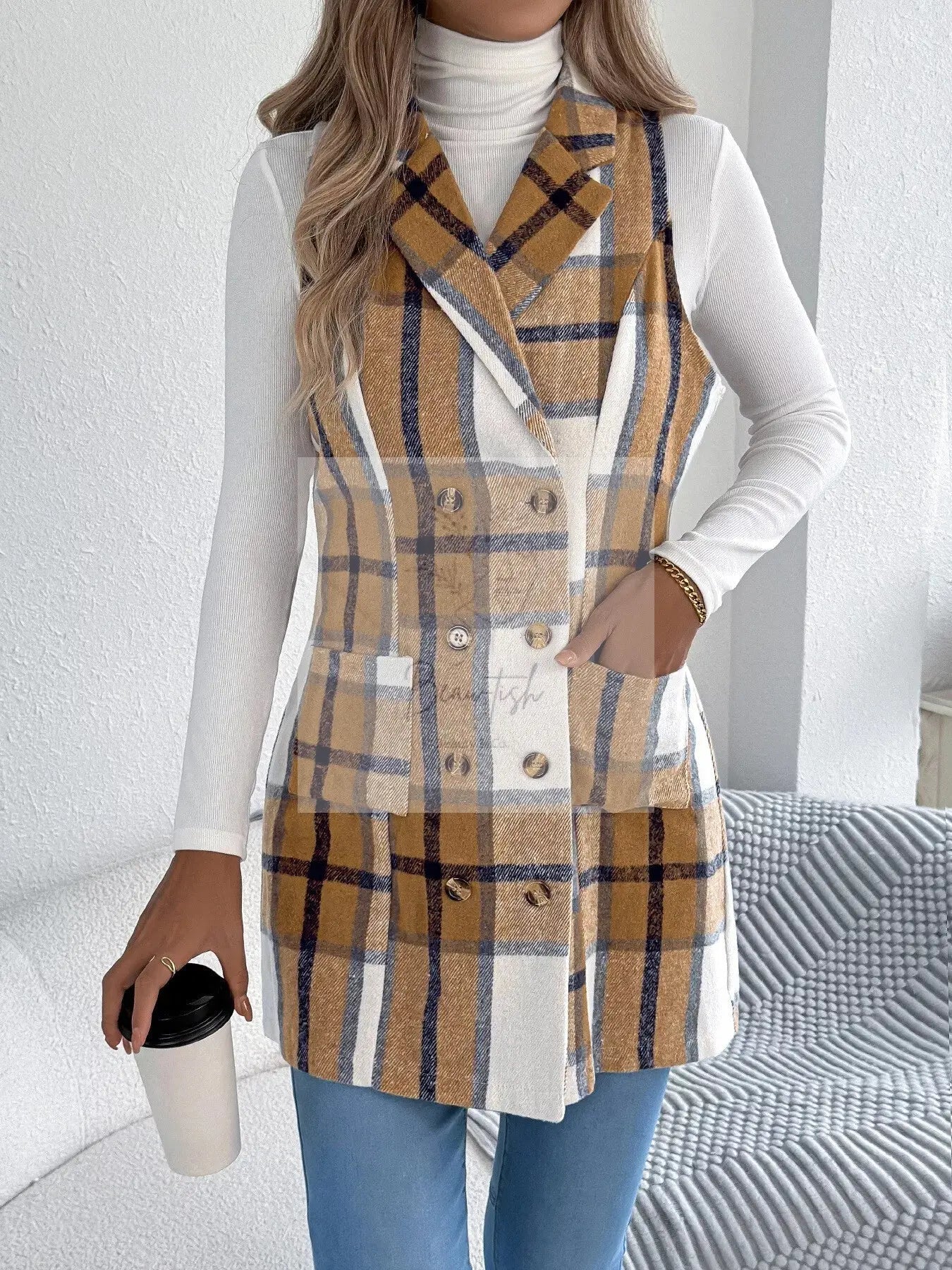 Plaid Double-Breasted Vest Coat