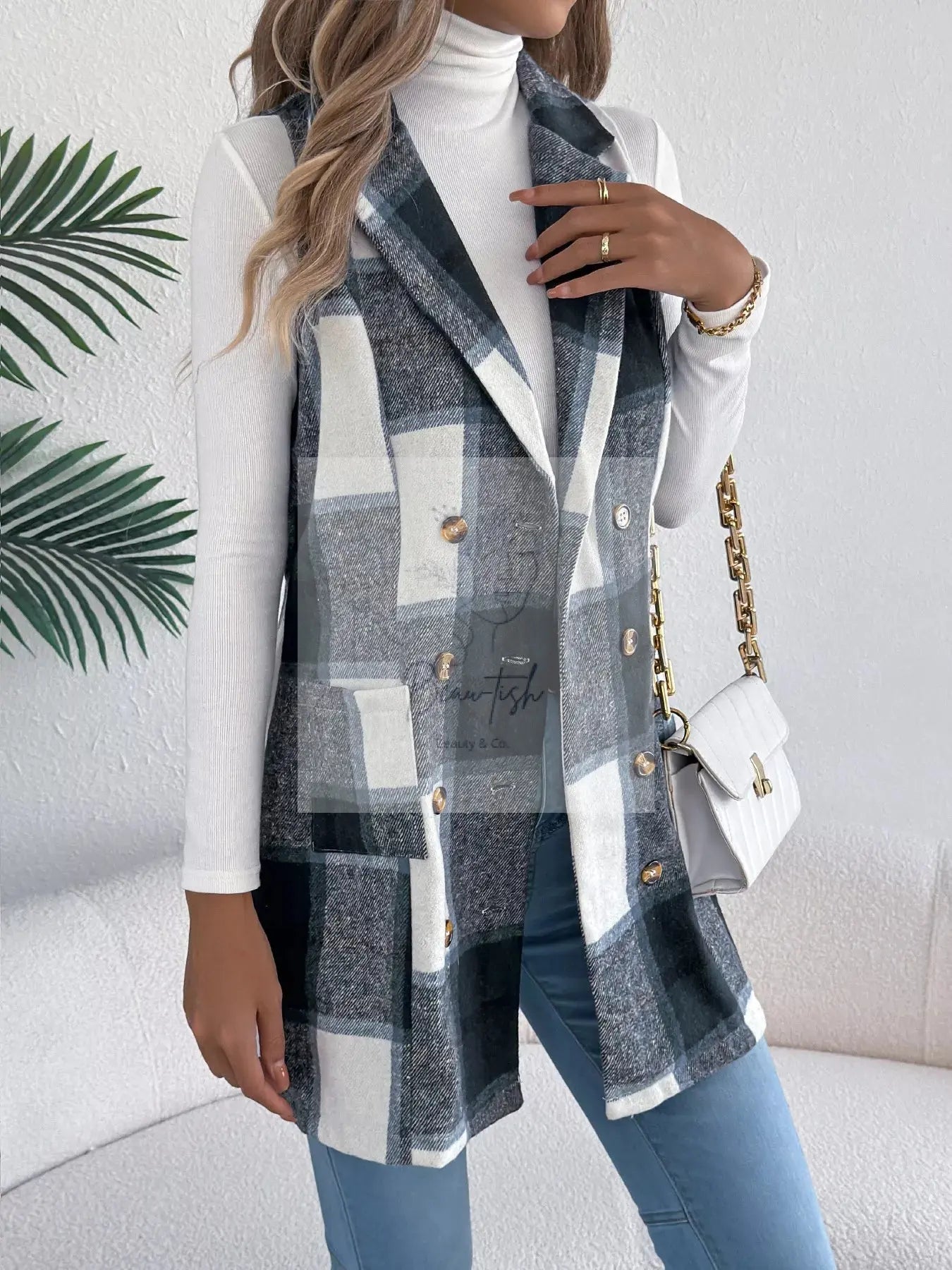 Plaid Double-Breasted Vest Coat