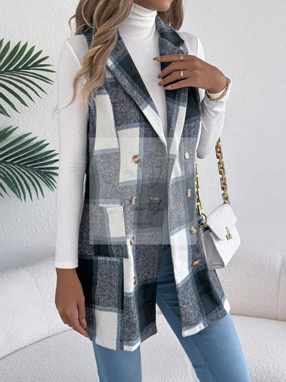Plaid Double-Breasted Vest Coat