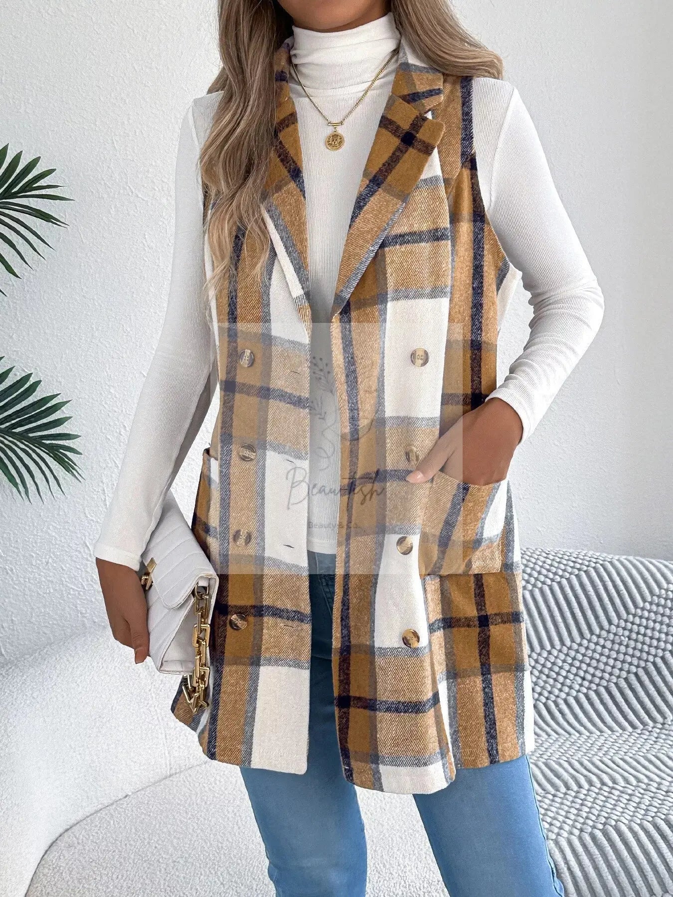 Plaid Double-Breasted Vest Coat
