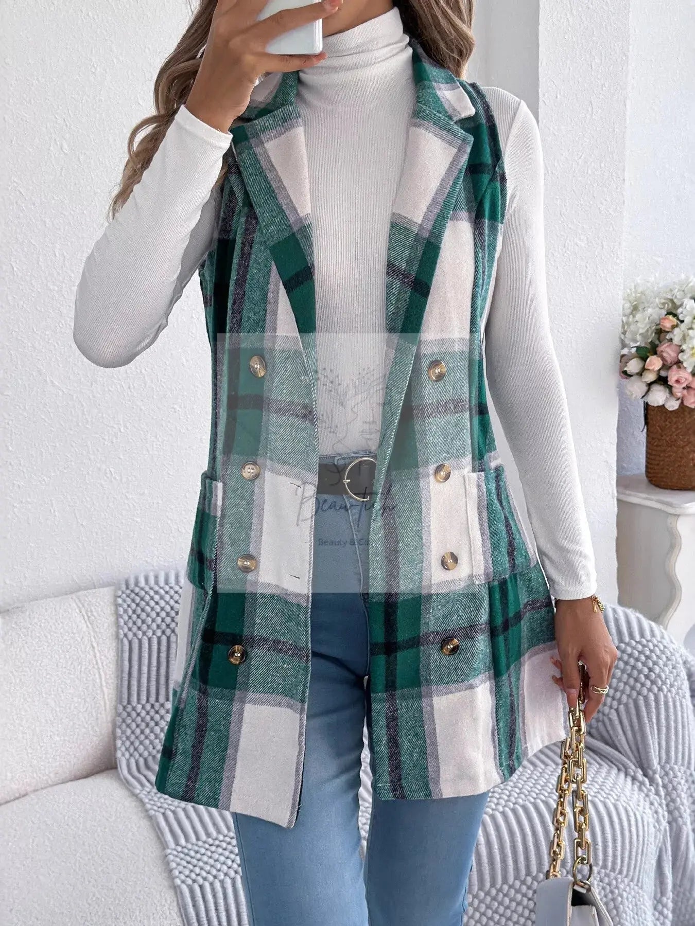 Plaid Double-Breasted Vest Coat