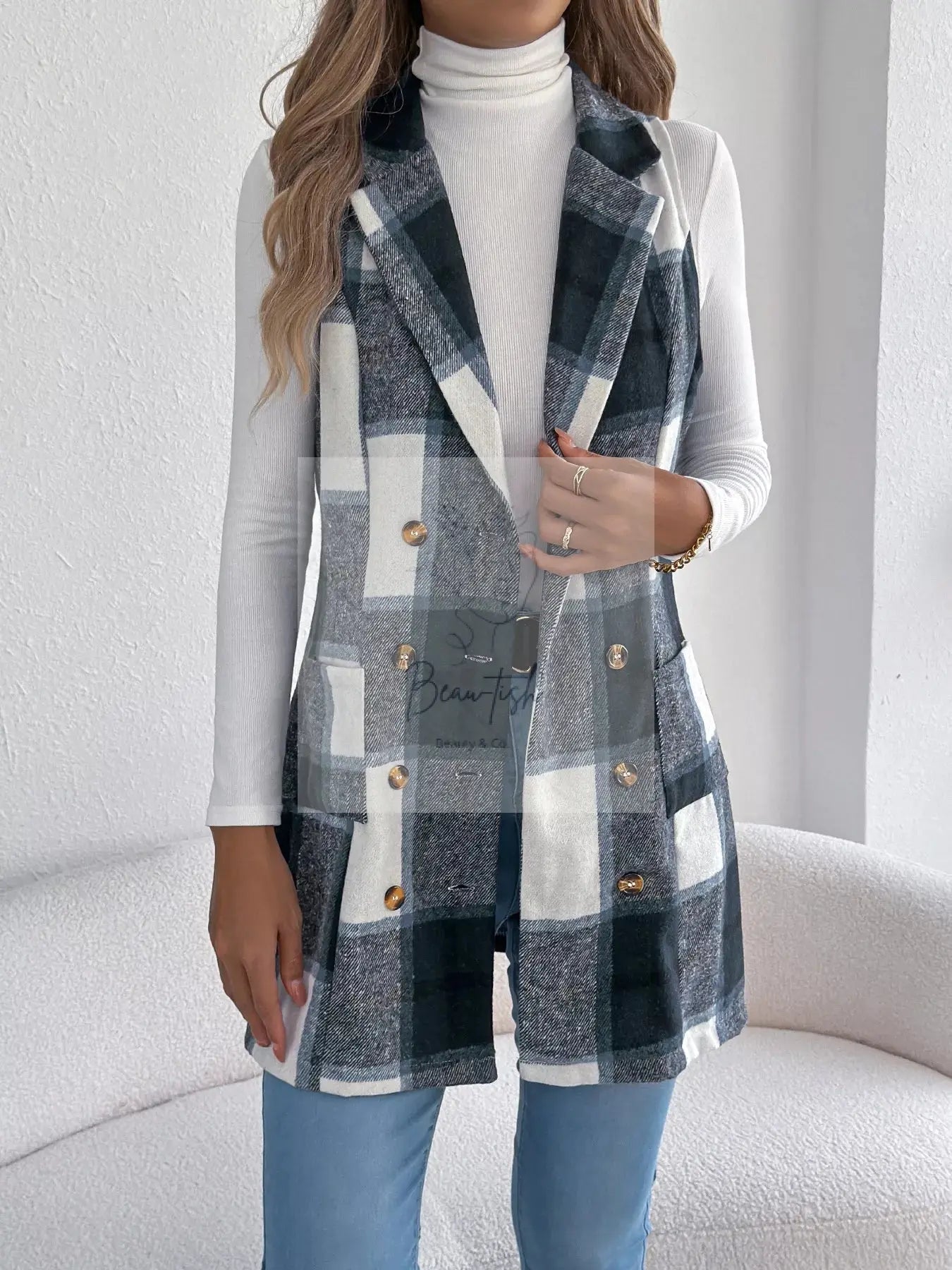 Plaid Double-Breasted Vest Coat