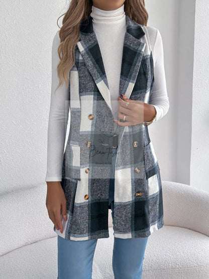 Plaid Double-Breasted Vest Coat