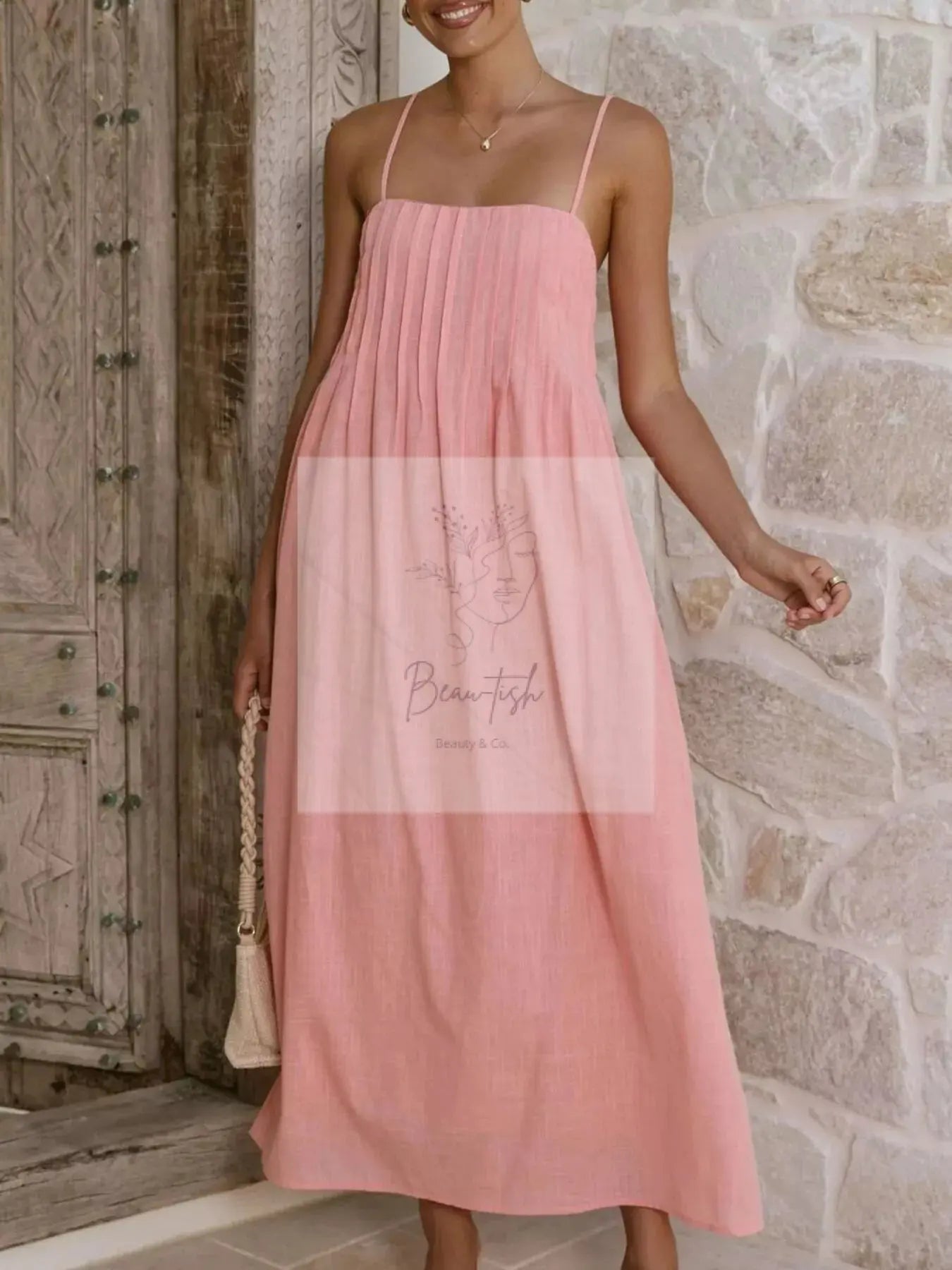 Pleated Bodice Midi Cami Dress
