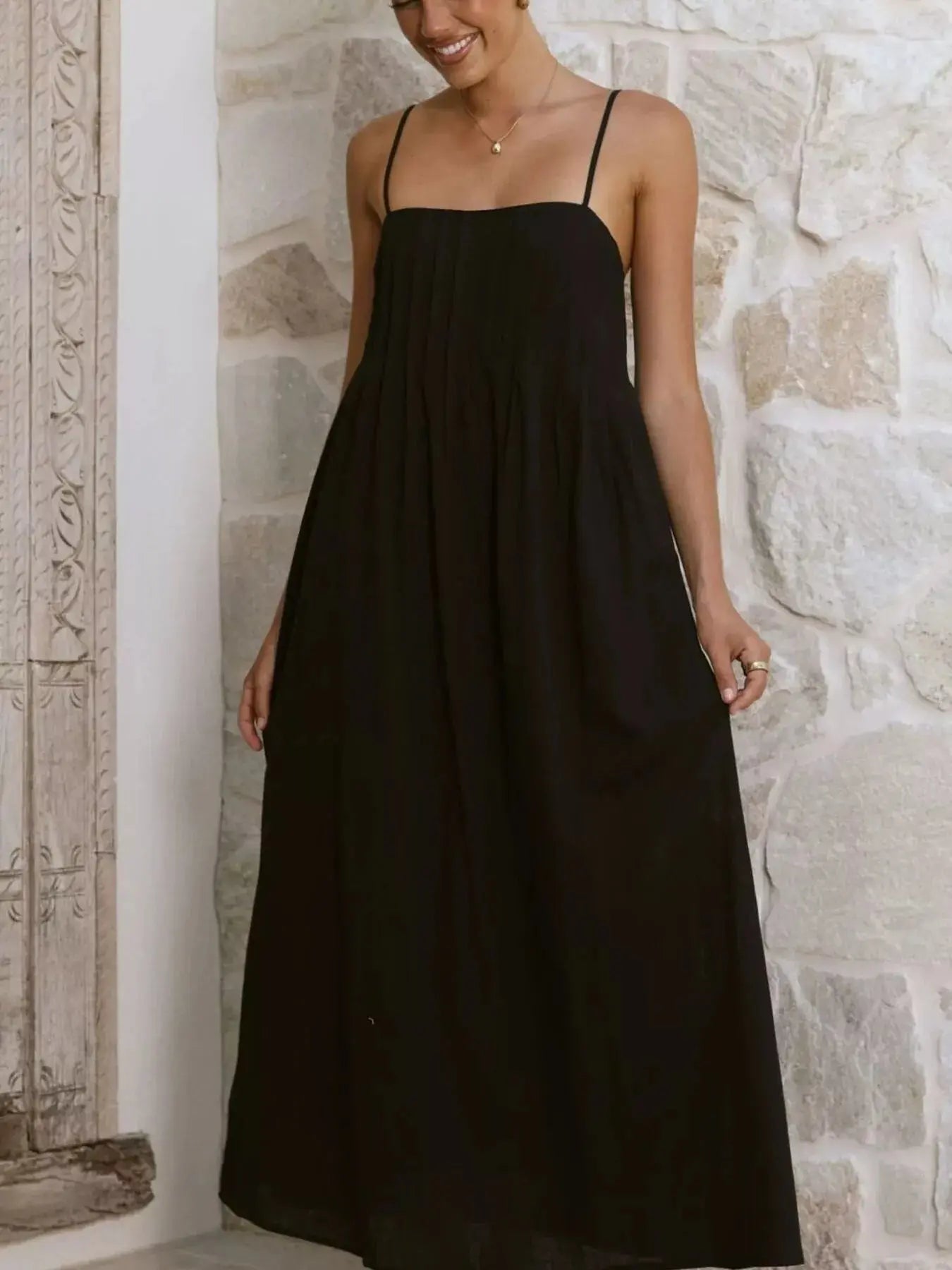 Pleated Bodice Midi Cami Dress