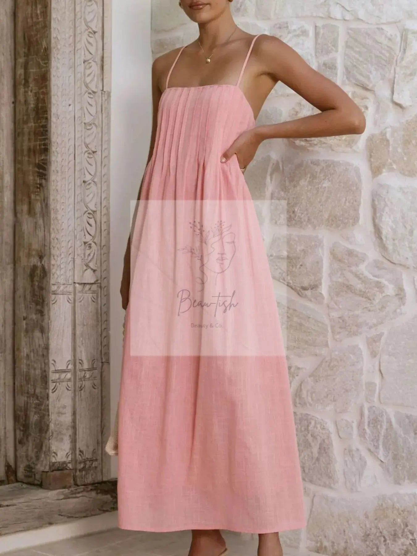 Pleated Bodice Midi Cami Dress