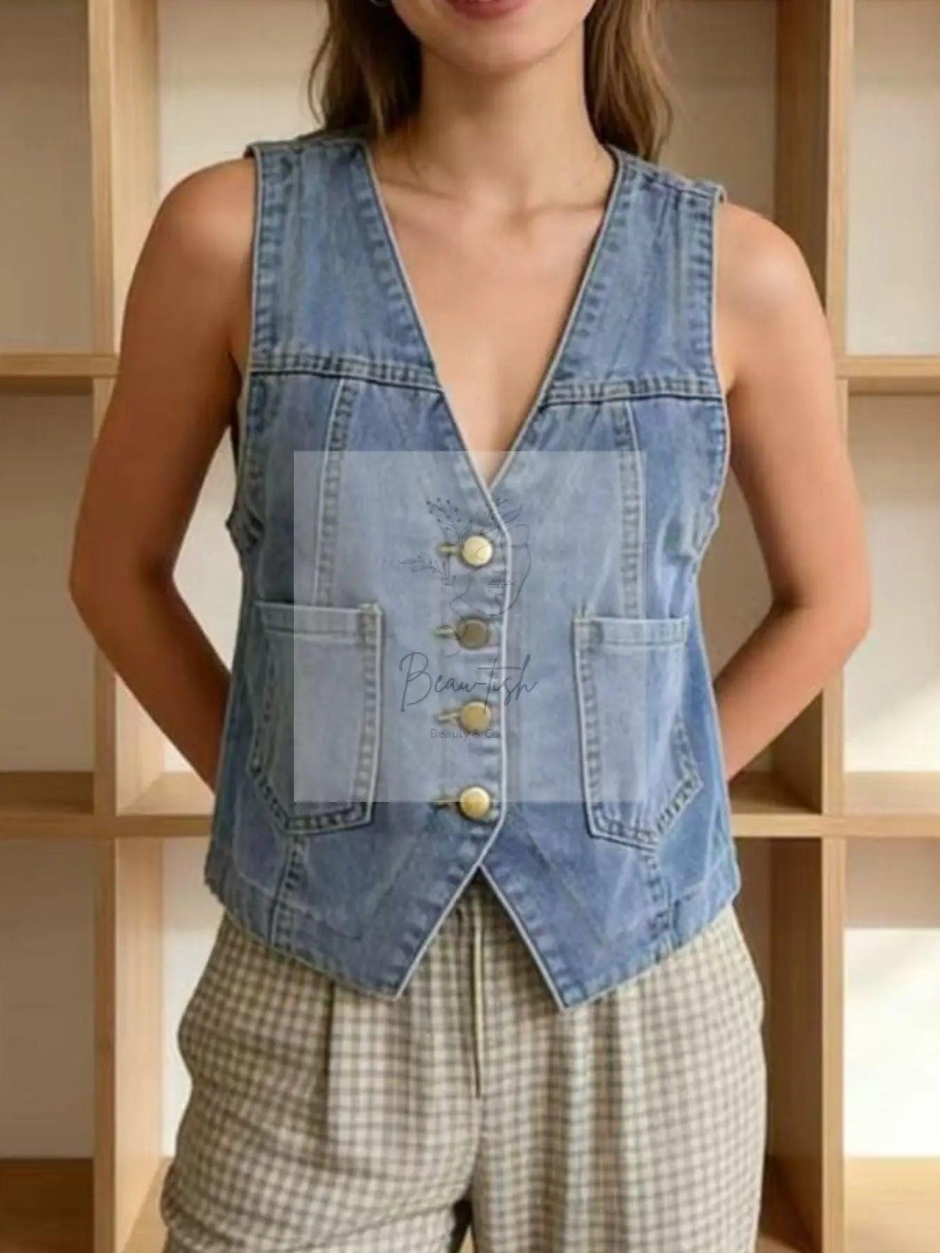 Plus Size Button-Down Denim Vest