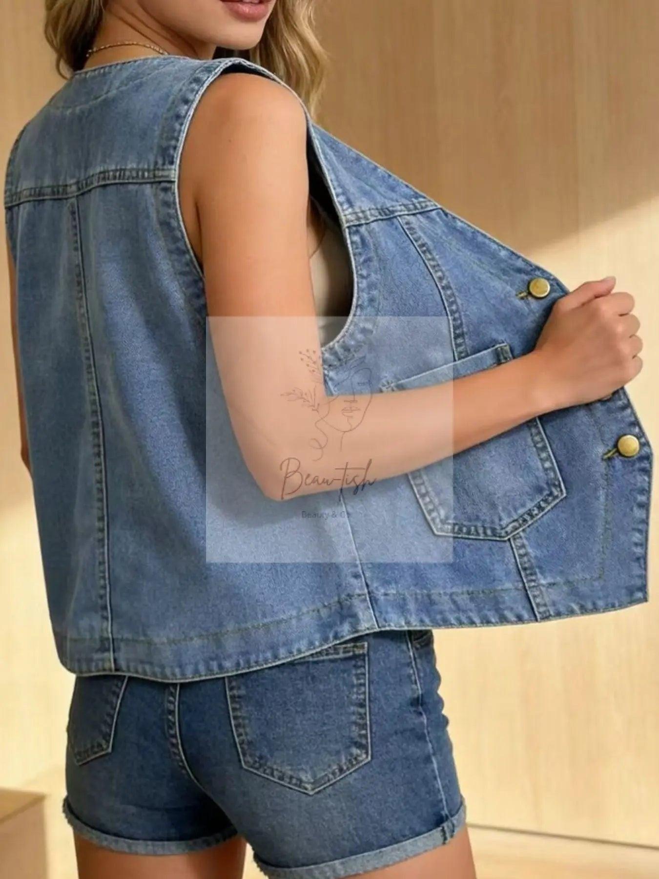 Plus Size Button-Down Denim Vest