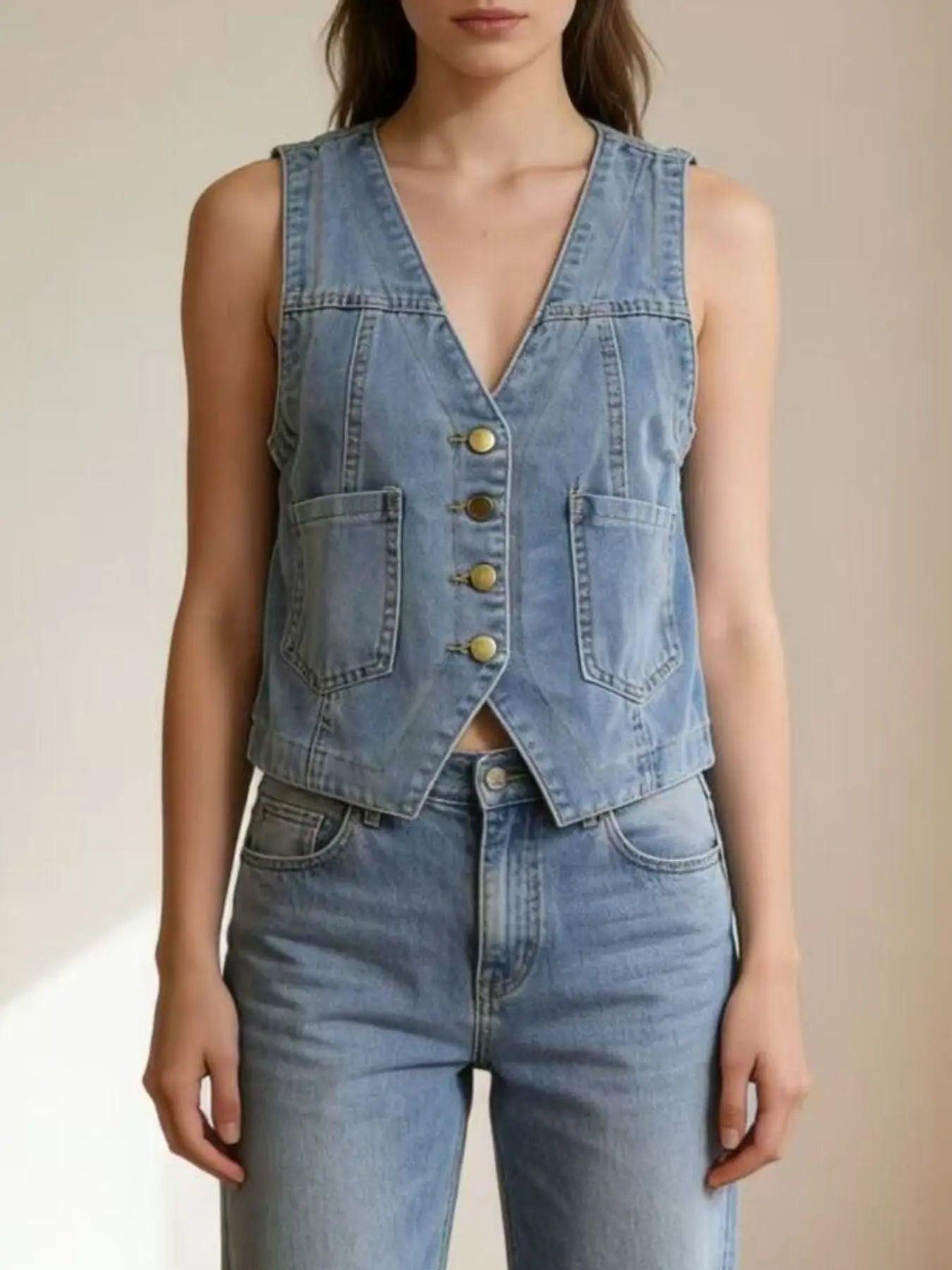 Plus Size Button-Down Denim Vest