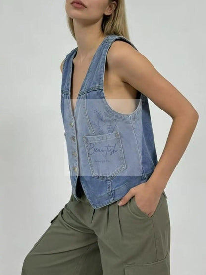 Plus Size Button-Down Denim Vest