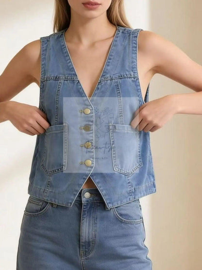 Plus Size Button-Down Denim Vest