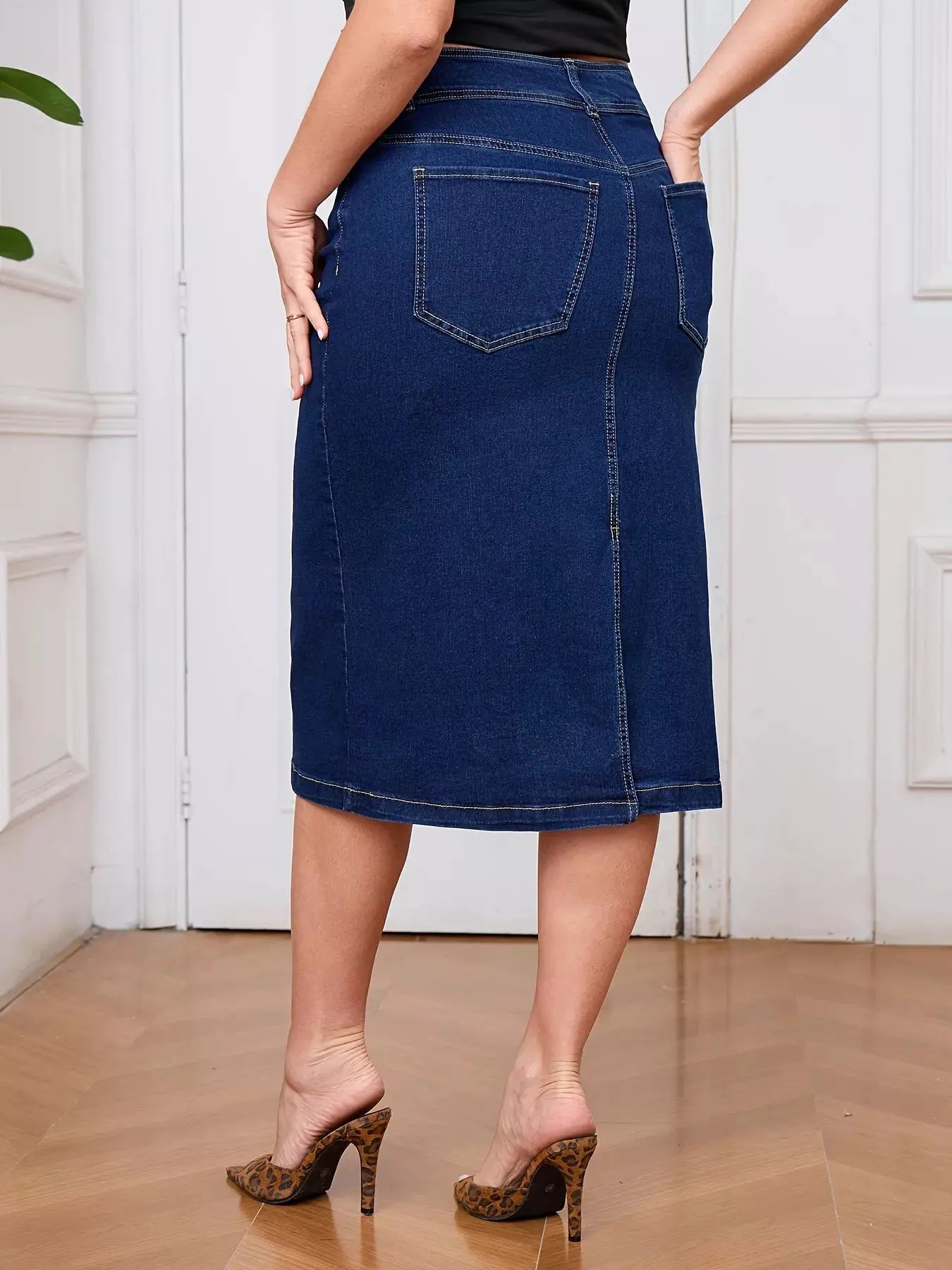 Plus Size Button-Front High Waist Denim Skirt