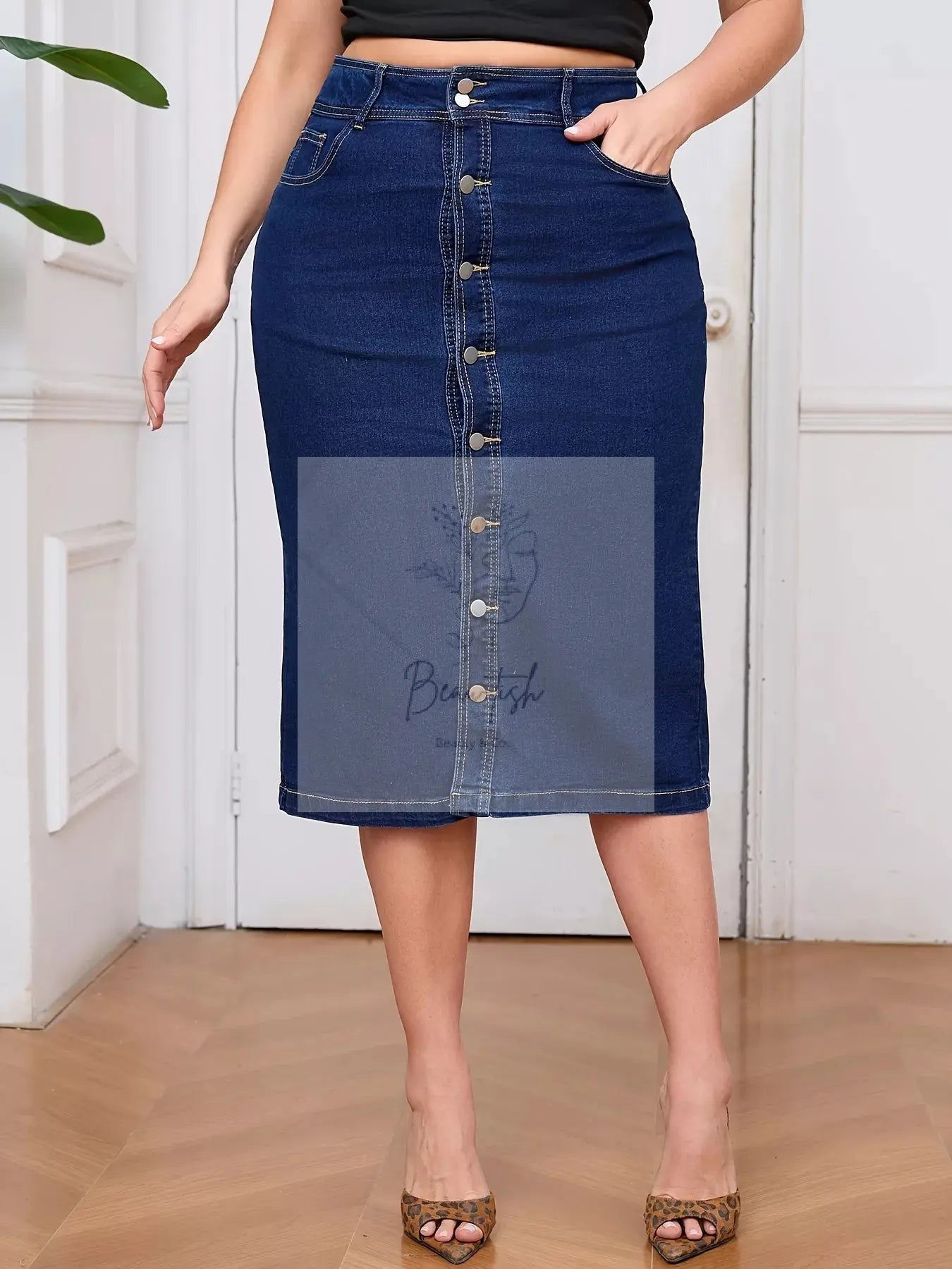 Plus Size Button-Front High Waist Denim Skirt