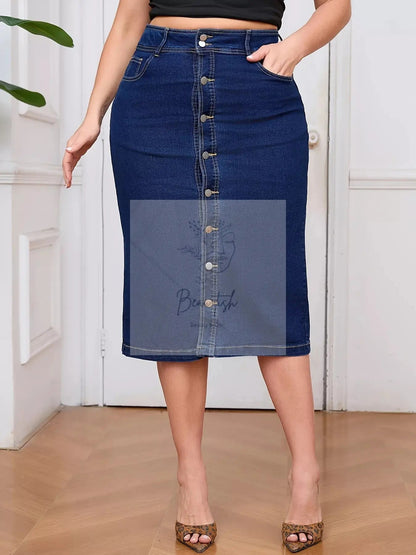 Plus Size Button-Front High Waist Denim Skirt