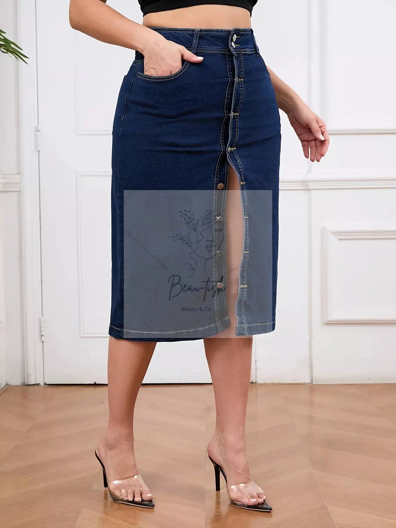 Plus Size Button-Front High Waist Denim Skirt