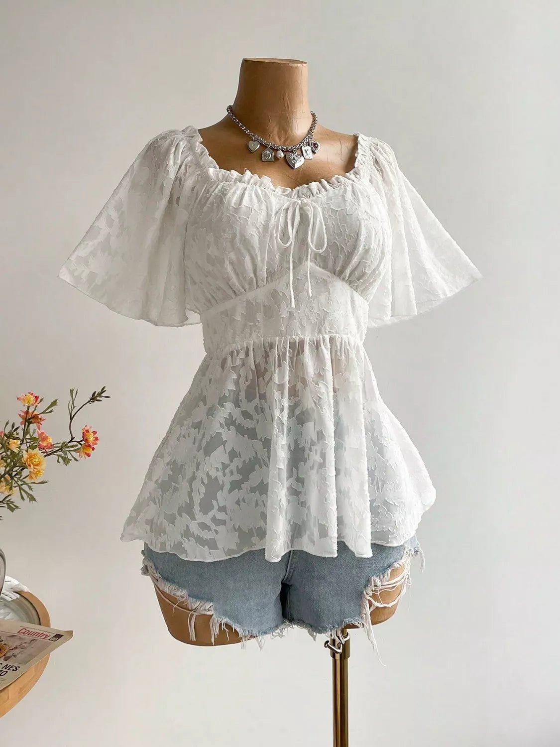 Plus Size Floral Flutter Sleeve Blouse with Smocked Back