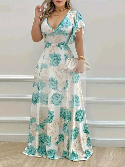 Plus Size Floral Print V - Neck Maxi Dress with Flutter Sleeves