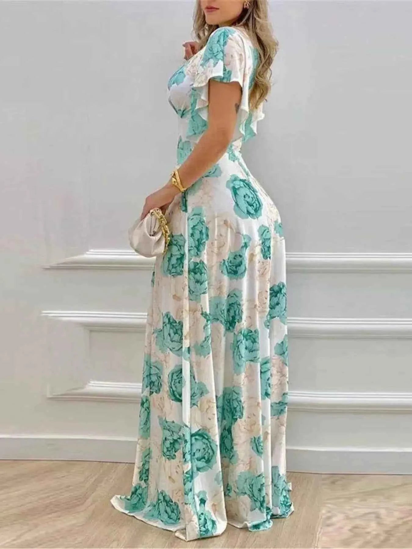 Plus Size Floral Print V - Neck Maxi Dress with Flutter Sleeves