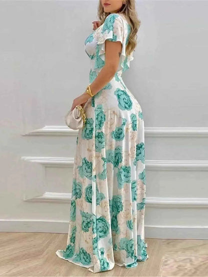 Plus Size Floral Print V - Neck Maxi Dress with Flutter Sleeves