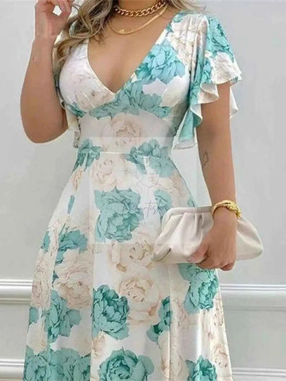 Plus Size Floral Print V - Neck Maxi Dress with Flutter Sleeves